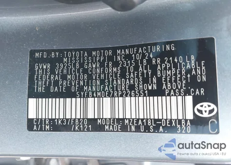 2024 Toyota Corolla Le z USA, uszkodzony, nr VIN 5YFB4MDE7RP226551